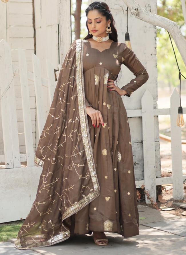 Vichitra Shimmer Beige Party Wear Sequins Work Readymade Gown With Dupatta